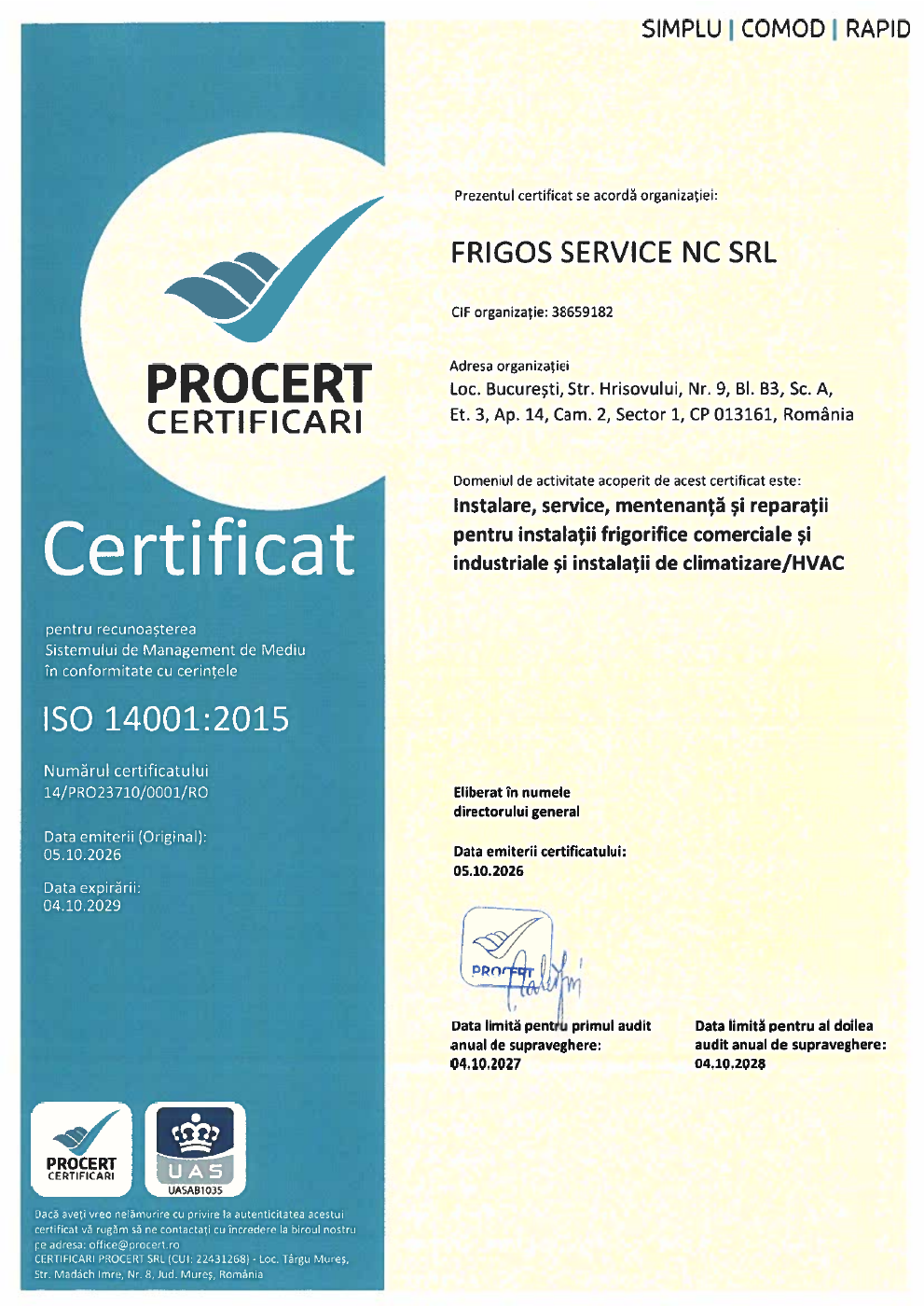 Certificat PROCERT ISO 14001:2015 pentru FRIGOS SERVICE NC SRL