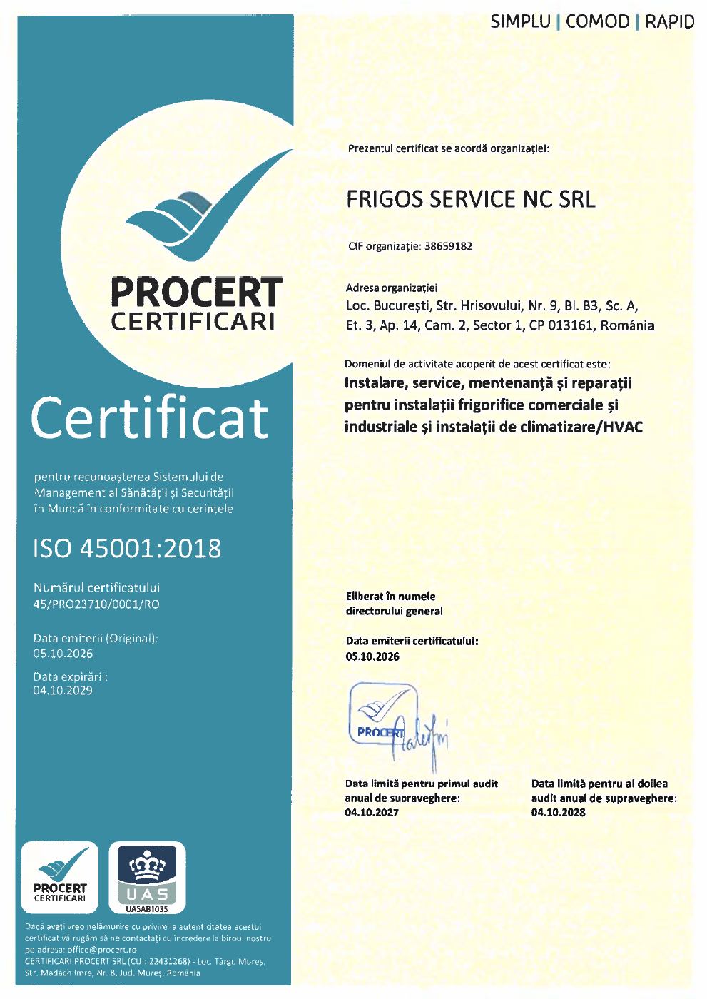 Certificat PROCERT ISO 45001:2018 pentru FRIGOS SERVICE NC SRL