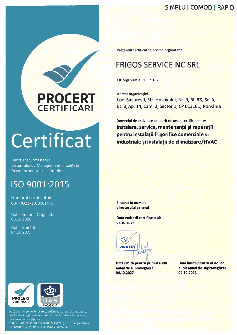 Certificat PROCERT ISO 9001:2015 pentru FRIGOS SERVICE NC SRL