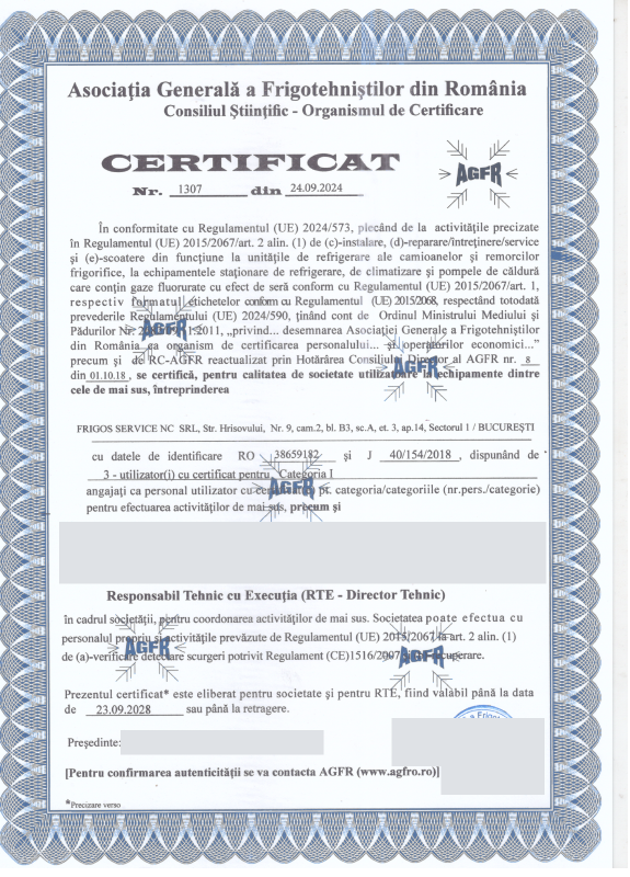 Certificat AGFR nr. 1307 pentru FRIGOS SERVICE NC SRL, copie publică cu datele personale mascate.